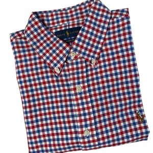 Ralph Lauren Shirt Mens L Blue Red Gingham Check Button Flesh Pony Short Sleeve